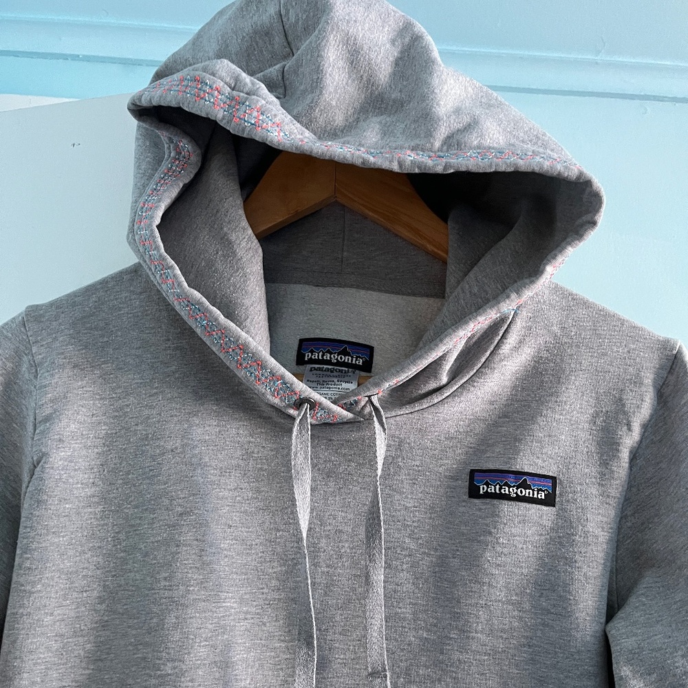 Patagonia Ladies Organic Cotton Hoodie, Heather Grey with stitching. as